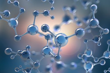 Abstract molecule model. Scientific research in molecular chemistry. 3D illustration on a blue background